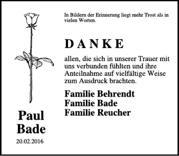 Traueranzeige von Paul Bade von WochenSpiegel