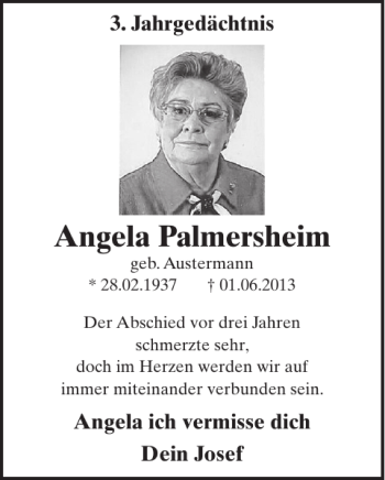 Traueranzeige von Angela Palmersheim von WochenSpiegel