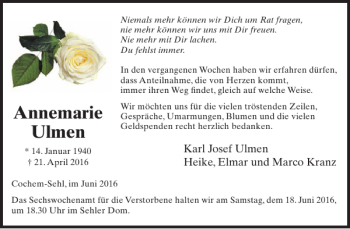 Traueranzeige von Annemarie Ulmen von WochenSpiegel