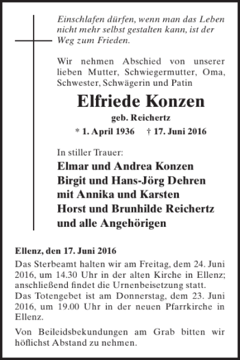 Traueranzeige von Elfriede Konzen von WochenSpiegel