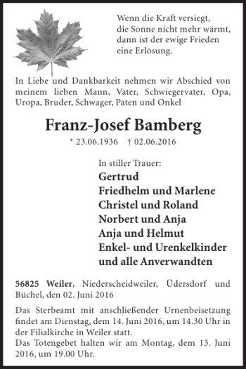 Traueranzeige von Franz-Josef Bamberg von WochenSpiegel