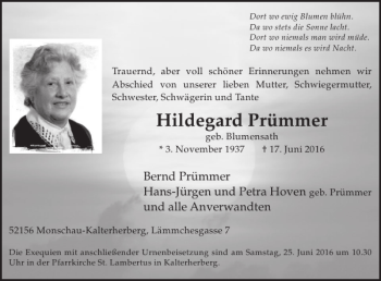 Traueranzeige von Hildegard Prümmer von WochenSpiegel