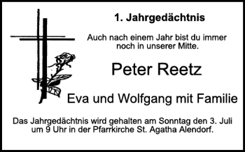 Traueranzeige von Peter Reetz von WochenSpiegel