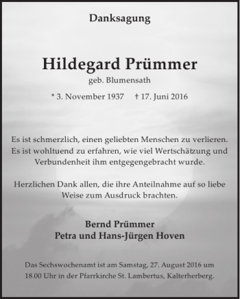 Traueranzeige von Hildegard Prümmer von WochenSpiegel