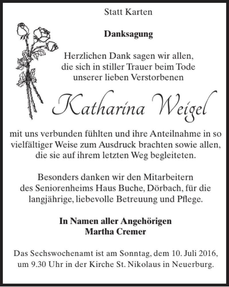 Traueranzeigen von Katharina Weigel | WochenSpiegel Trauer