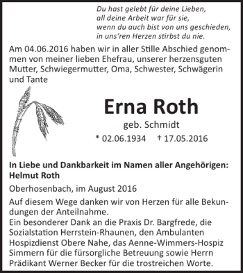 Traueranzeige von Erna Roth von WochenSpiegel