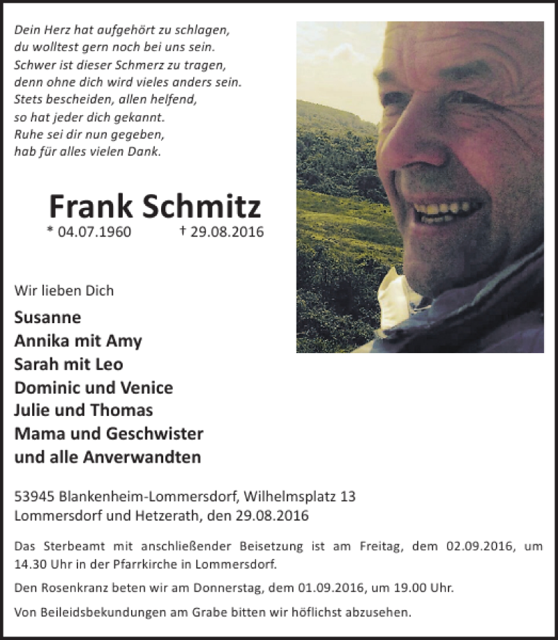  Traueranzeige für Frank Schmitz vom 31.08.2016 aus WochenSpiegel