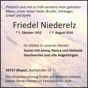 Traueranzeige von Friedel Niederelz von WochenSpiegel