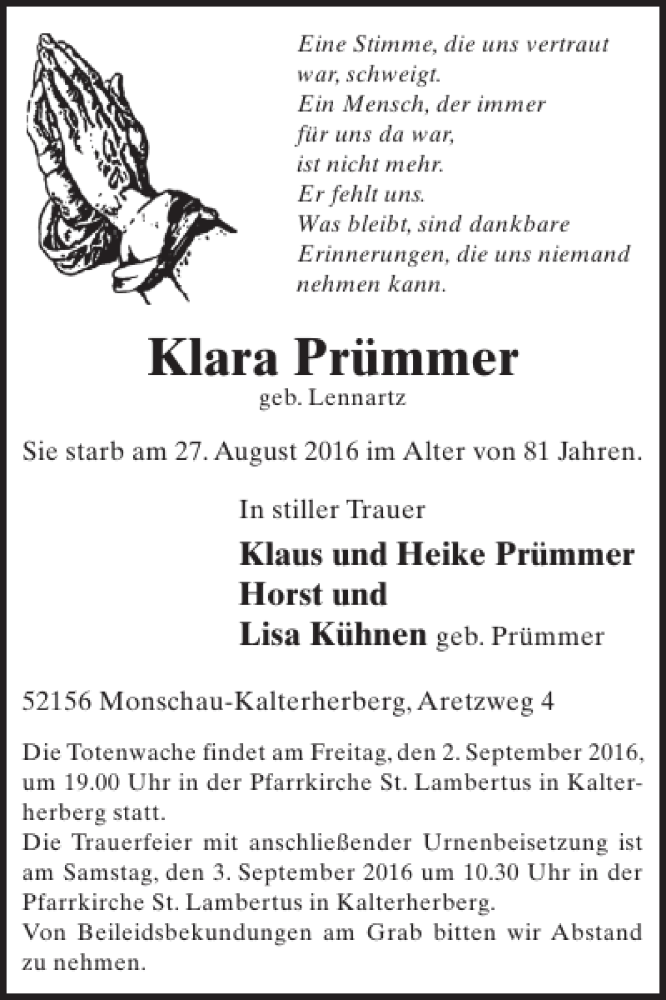  Traueranzeige für Klara Prümmer vom 31.08.2016 aus WochenSpiegel