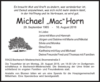 Traueranzeige von Michael 'Mac' Horn von WochenSpiegel