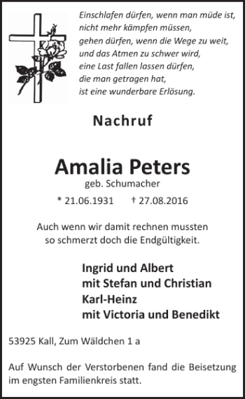 Traueranzeige von Amalia Peters von WochenSpiegel