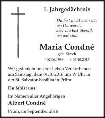 Traueranzeige von Maria Condné von WochenSpiegel