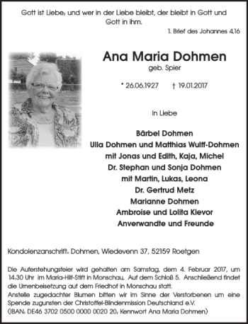 Traueranzeige von Ana Maria Dohmen von WochenSpiegel