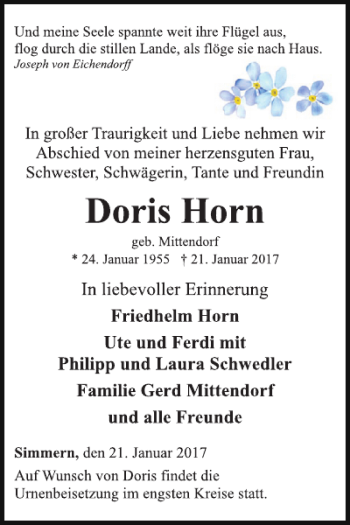 Traueranzeige von Doris Horn von WochenSpiegel