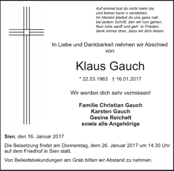 Traueranzeige von Klaus Gauch von WochenSpiegel