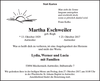 Traueranzeige von Martha Eschweiler von WochenSpiegel