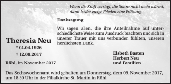 Traueranzeige von Theresia Neu von WochenSpiegel