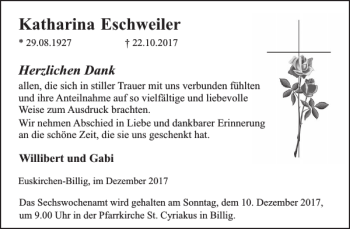 Traueranzeige von Katharina Eschweiler von WochenSpiegel