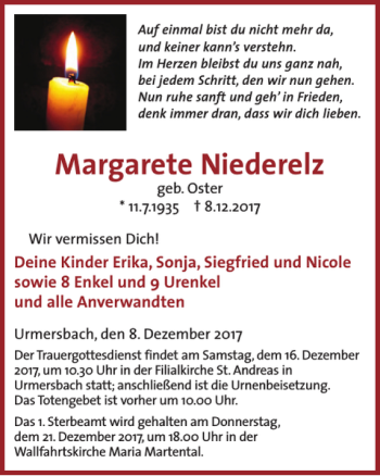 Traueranzeige von Margarete Niederelz von WochenSpiegel