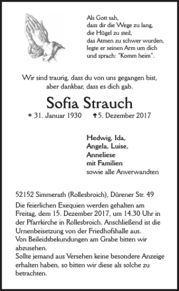 Traueranzeige von Sofia Strauch von WochenSpiegel