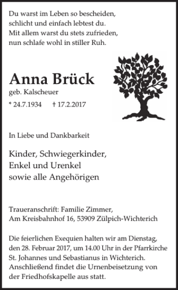 Traueranzeige von Anna Brück von WochenSpiegel