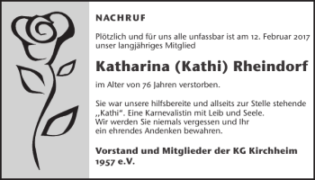 Traueranzeige von Katharina Kathi Rheindorf von WochenSpiegel