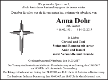 Traueranzeige von Anna Dohr von WochenSpiegel