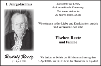 Traueranzeige von Rudolf Reetz von WochenSpiegel