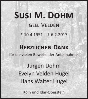 Traueranzeige von Susi M. Dohm von WochenSpiegel