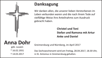 Traueranzeige von Anna Dohr von WochenSpiegel