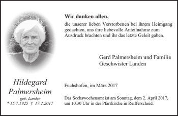 Traueranzeige von Hildegard Palmersheim von WochenSpiegel