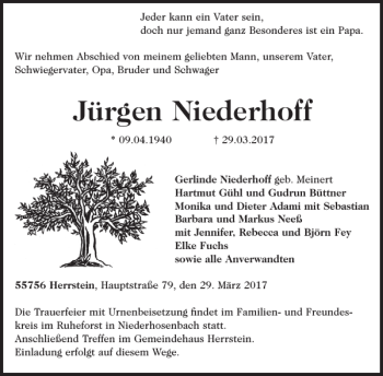 Traueranzeige von Jürgen Niederhoff von WochenSpiegel