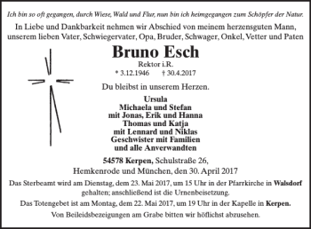 Traueranzeige von Bruno Esch von WochenSpiegel