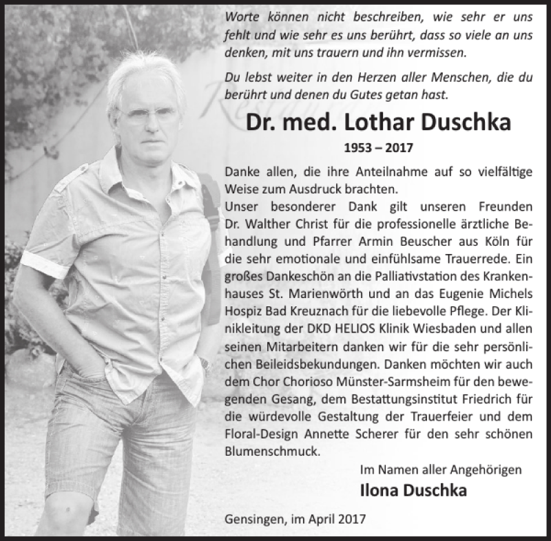  Traueranzeige für Dr. med. Lothar Duschka vom 03.05.2017 aus WochenSpiegel