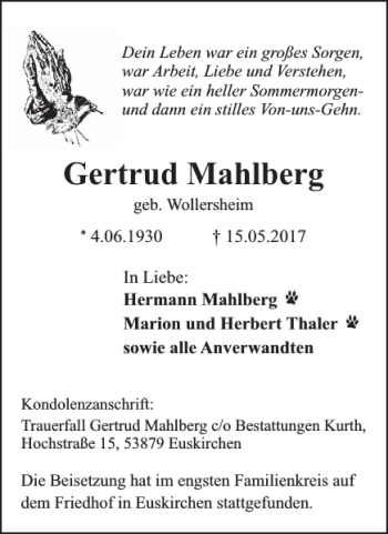 Traueranzeige von Gertrud Mahlberg von WochenSpiegel