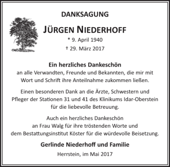 Traueranzeige von JÜRGEN NIEDERHOFF von WochenSpiegel