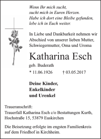 Traueranzeige von Katharina Esch von WochenSpiegel