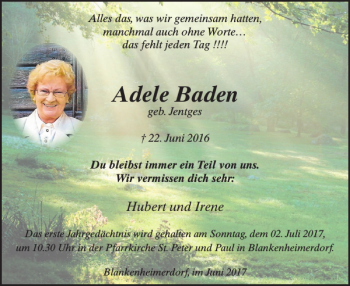 Traueranzeige von Adele Baden von WochenSpiegel