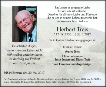 Traueranzeige von Herbert Treis von WochenSpiegel