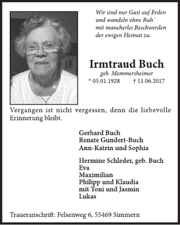 Traueranzeige von Irmtraud Buch von WochenSpiegel