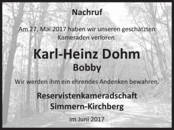 Traueranzeige von Karl-Heinz Dohm von WochenSpiegel