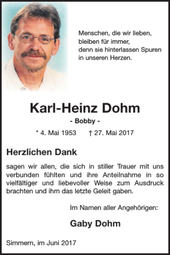 Traueranzeige von Karl-Heinz Dohm von WochenSpiegel