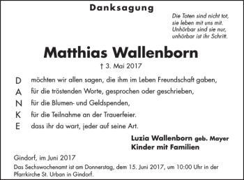 Traueranzeige von Matthias Wallenborn von WochenSpiegel