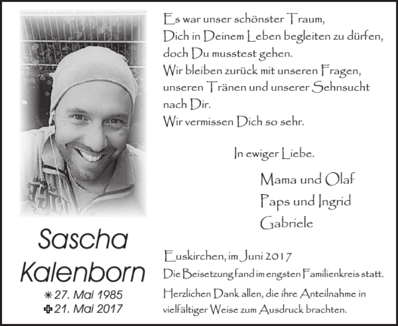  Traueranzeige für Sascha Kalenborn vom 14.06.2017 aus WochenSpiegel