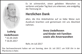 Traueranzeige von Anna Uedelhoven und Kinder Ludwig Uedelhoven  von WochenSpiegel