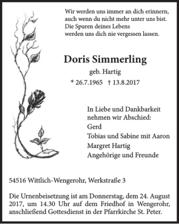 Traueranzeige von Doris Simmerling von WochenSpiegel