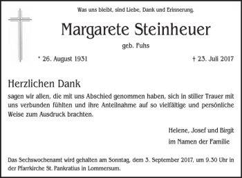 Traueranzeige von Margarete Steinheuer von WochenSpiegel