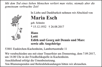 Traueranzeige von Maria Esch von WochenSpiegel