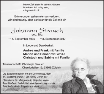 Traueranzeige von Johanna Strauch von WochenSpiegel