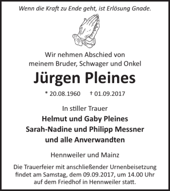 Traueranzeige von Jürgen Pleines von WochenSpiegel